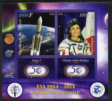 Djibouti 2014 50th Anniversary of European Space Agency - Ariane 5 & Claudie Andre-Deshays perf sheetlet containing 2 values plus 2 label unmounted mint, stamps on , stamps on  stamps on space, stamps on  stamps on personalities, stamps on  stamps on satellites, stamps on  stamps on  esa , stamps on  stamps on 