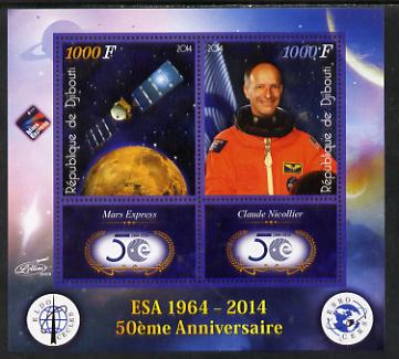 Djibouti 2014 50th Anniversary of European Space Agency - Mars Express & Claude Nicollier perf sheetlet containing 2 values plus 2 label unmounted mint, stamps on , stamps on  stamps on space, stamps on  stamps on personalities, stamps on  stamps on satellites, stamps on  stamps on  esa , stamps on  stamps on 