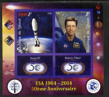 Djibouti 2014 50th Anniversary of European Space Agency - Soyuz-ST & Roberto Vittori imperf sheetlet containing 2 values plus 2 label unmounted mint, stamps on space, stamps on personalities, stamps on satellites, stamps on  esa , stamps on 