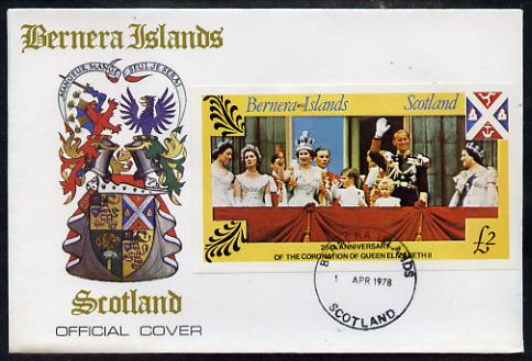 Bernera 1978 Coronation 25th Anniversary imperf deluxe sheet (\A32 value) Royal Family on Balcony, on special cover with first day cancels, stamps on royalty, stamps on coronation, stamps on 