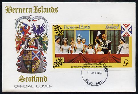 Bernera 1978 Coronation 25th Anniversary imperf deluxe sheet (A32 value) Royal Family on Balcony, on special cover with first day cancels, stamps on , stamps on  stamps on royalty, stamps on  stamps on coronation, stamps on  stamps on 