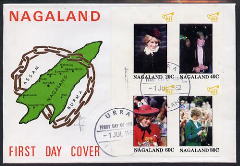 Nagaland 1982 Princess Dis 21st Birthday imperf sheetlet containing set of 4 values on special cover with first day cancels, stamps on royalty, stamps on diana, stamps on 