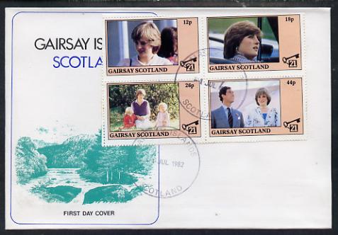 Gairsay 1982 Princess Dis 21st Birthday perf sheetlet containing complete set of 4 values on special cover with first day cancels, stamps on royalty, stamps on diana, stamps on charles