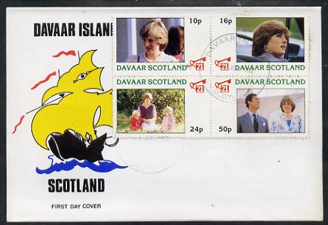 Davaar Island 1982 Princess Dis 21st Birthday perf sheetlet containing complete set of 4 values on special cover with first day cancels, stamps on royalty, stamps on diana, stamps on charles