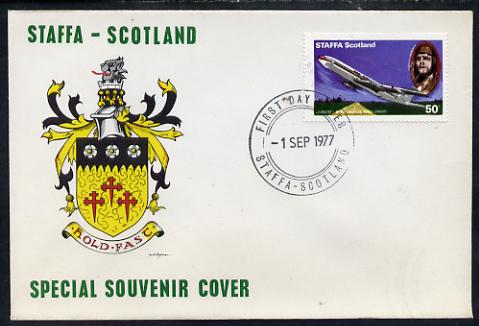 Staffa 1977 Pan-American Airways 50p (from Lindbergh's Flight Anniversary set) on cover with first day cancel, stamps on , stamps on  stamps on aviation, stamps on  stamps on personalities, stamps on  stamps on masonics, stamps on  stamps on lindbergh, stamps on  stamps on masonry