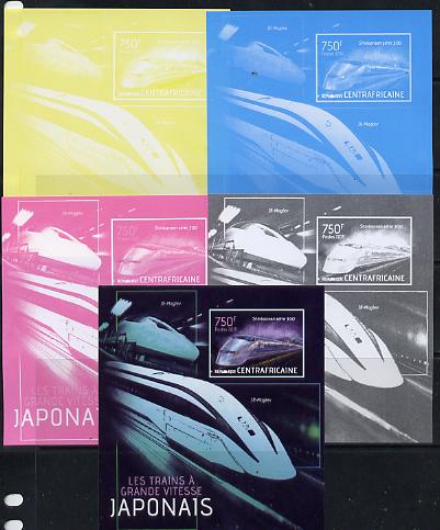 Central African Republic 2013 Japanese High Speed Trains - Shinkansen Series 300 s/sheet - the set of 5 imperf progressive proofs comprising the 4 individual colours plus..., stamps on railways