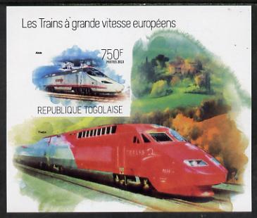 Togo 2013 European High Speed Trains - Alvia imperf s/sheet unmounted mint. Note this item is privately produced and is offered purely on its thematic appeal, stamps on , stamps on  stamps on railways