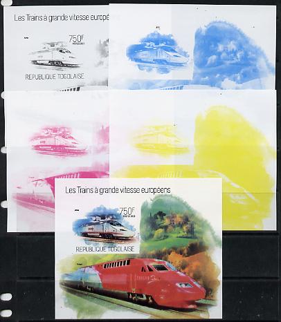 Togo 2013 European High Speed Trains - Alvia s/sheet - the set of 5 imperf progressive proofs comprising the 4 individual colours plus all 4-colour composite, unmounted mint , stamps on , stamps on  stamps on railways