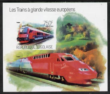 Togo 2013 European High Speed Trains - Railjet imperf s/sheet unmounted mint. Note this item is privately produced and is offered purely on its thematic appeal, stamps on , stamps on  stamps on railways