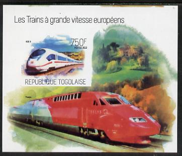 Togo 2013 European High Speed Trains - Ice 3 imperf s/sheet unmounted mint. Note this item is privately produced and is offered purely on its thematic appeal, stamps on , stamps on  stamps on railways