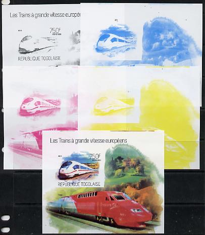 Togo 2013 European High Speed Trains - Ice 3 s/sheet - the set of 5 imperf progressive proofs comprising the 4 individual colours plus all 4-colour composite, unmounted mint , stamps on , stamps on  stamps on railways