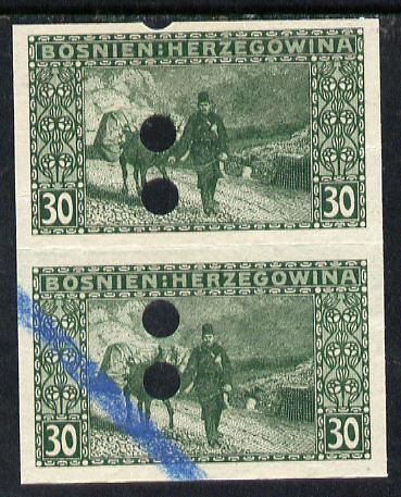 Bosnia & Herzegovina 1906 Postman & Beast of Burden 30h green imperf proof pair each with punch holes and blue crayon, as SG 194 (some winkles), stamps on , stamps on  stamps on animals    postal    postman