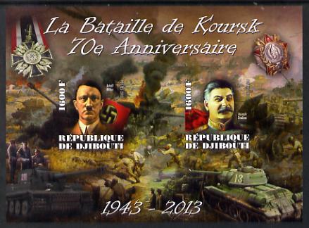 Djibouti 2014 70th Anniversary of Battle of Koursk imperf sheetlet containing 2 values unmounted mint , stamps on battles, stamps on  ww2 , stamps on tanks, stamps on hitler, stamps on stalin