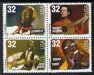 United States 1998 Folk Musicians se-tenant block of 4 unmounted mint, SG 3444a, stamps on , stamps on  stamps on music