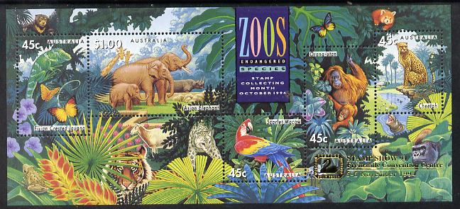 Australia 1994 Zoos m/sheet with Freemantle Stamp Show logo, unmounted mint SG MS 1484, stamps on birds, stamps on zoos, stamps on parrots, stamps on cheetah, stamps on cats, stamps on animals, stamps on elephants, stamps on hippo, stamps on apes, stamps on reptiles, stamps on stamp exhibitions, stamps on  zoo , stamps on , stamps on  zoo , stamps on zoos, stamps on 