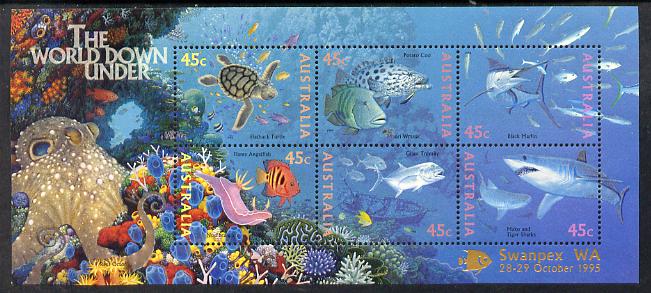 Australia 1995 Marine Life perf m/sheet overprinted for Swanpex WA unmounted mint, as SG MS 1562, stamps on , stamps on  stamps on stamp exhibitions, stamps on  stamps on marine life, stamps on  stamps on turtles, stamps on  stamps on reptiles, stamps on  stamps on sharks, stamps on  stamps on fish, stamps on  stamps on coral, stamps on  stamps on octopus