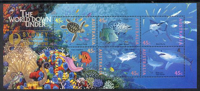 Australia 1995 Marine Life perf m/sheet overprinted for Sydney Stamp Show unmounted mint, as SG MS 1562, stamps on , stamps on  stamps on stamp exhibitions, stamps on  stamps on marine life, stamps on  stamps on turtles, stamps on  stamps on reptiles, stamps on  stamps on sharks, stamps on  stamps on fish, stamps on  stamps on coral, stamps on  stamps on octopus