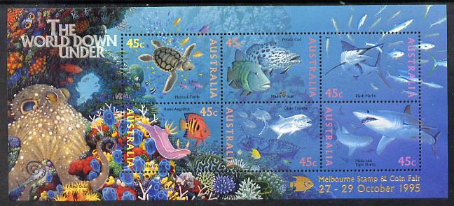 Australia 1995 Marine Life perf m/sheet overprinted for Melbourne Stamp & Coin Fair unmounted mint, as SG MS 1562, stamps on , stamps on  stamps on stamp exhibitions, stamps on  stamps on marine life, stamps on  stamps on turtles, stamps on  stamps on reptiles, stamps on  stamps on sharks, stamps on  stamps on fish, stamps on  stamps on coral, stamps on  stamps on octopus