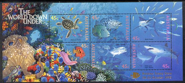 Australia 1995 Marine Life perf m/sheet overprinted for Brisbane Stamp Show unmounted mint, as SG MS 1562, stamps on , stamps on  stamps on stamp exhibitions, stamps on  stamps on marine life, stamps on  stamps on turtles, stamps on  stamps on reptiles, stamps on  stamps on sharks, stamps on  stamps on fish, stamps on  stamps on coral, stamps on  stamps on octopus