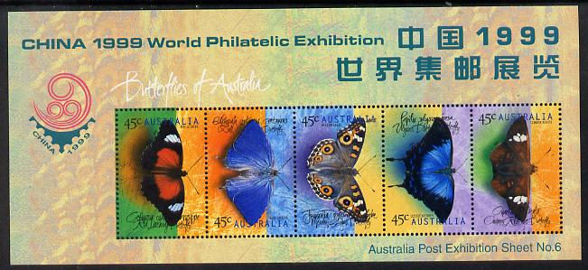 Australia 1998 Butterflies sheetlet containing set of 5 overprinted for China Stamp Exhibition unmounted mint, see note after SG 1818, stamps on , stamps on  stamps on stamp exhibitions, stamps on  stamps on butterflies