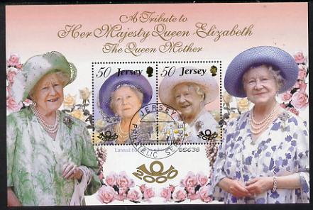 Jersey 2000 Queen Elizabeth the Queen Mother's 100th Birthday perf m/sheet fine cds used SG MS961, stamps on royalty, stamps on queen mother, stamps on roses