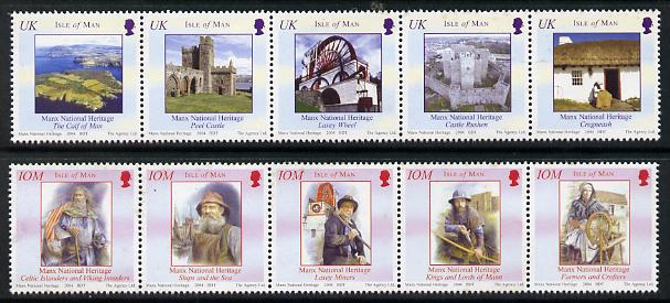 Isle of Man 2004 Manx National Heritage - the Story of Mann perf set of 10 (2 strips of 5) unmounted mint SG 1157-66, stamps on , stamps on  stamps on heritage, stamps on  stamps on spinning, stamps on  stamps on vikings, stamps on  stamps on mining, stamps on  stamps on fishing, stamps on  stamps on castles, stamps on  stamps on 