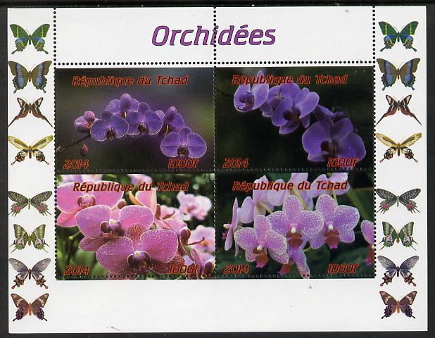 Chad 2014 Orchids #1 (with Butterflies in side margins) perf sheetlet containing 4 values unmounted mint. Note this item is privately produced and is offered purely on its thematic appeal. 