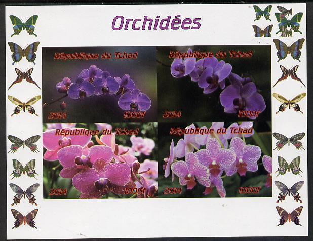 Chad 2014 Orchids #1 (with Butterflies in side margins) imperf sheetlet containing 4 values unmounted mint. Note this item is privately produced and is offered purely on ..., stamps on flowers, stamps on orchids, stamps on butterfles