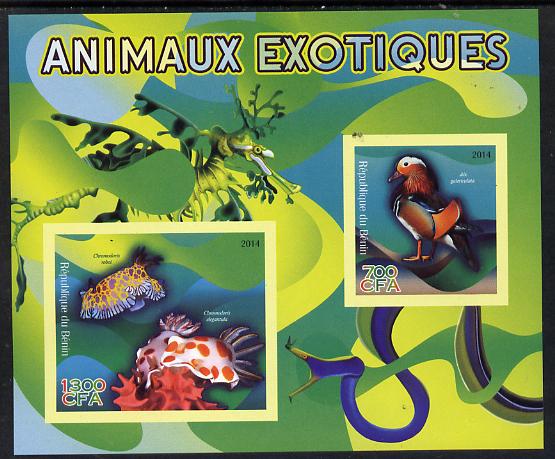 Benin 2014 Exotic Animals - Duck & Sea Slug imperf sheetlet containing 2 values unmounted mint , stamps on , stamps on  stamps on birds, stamps on  stamps on ducks, stamps on  stamps on marine life