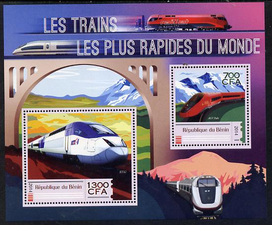 Benin 2014 High Speed Trains perf sheetlet containing 2 values unmounted mint , stamps on railways, stamps on bridges