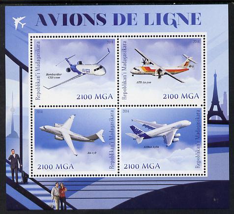 Madagascar 2014 Airliners perf sheetlet containing 4 values unmounted mint , stamps on aviation
