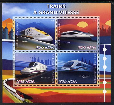 Madagascar 2014 High Speed Trains perf sheetlet containing 4 values unmounted mint , stamps on , stamps on  stamps on railways