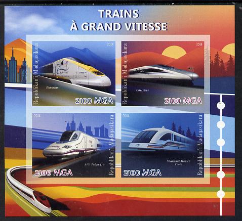 Madagascar 2014 High Speed Trains imperf sheetlet containing 4 values unmounted mint , stamps on , stamps on  stamps on railways