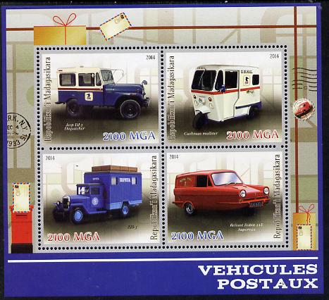 Madagascar 2014 Postal Vehicles perf sheetlet containing 4 values unmounted mint , stamps on postal, stamps on trucks, stamps on cars, stamps on reliant