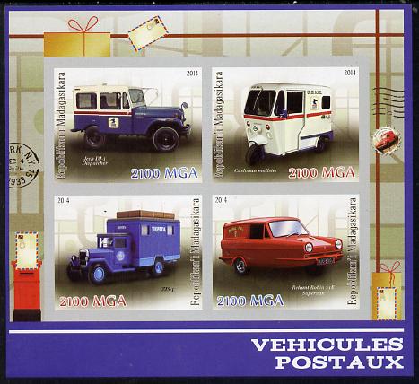 Madagascar 2014 Postal Vehicles imperf sheetlet containing 4 values unmounted mint , stamps on postal, stamps on trucks, stamps on cars, stamps on reliant