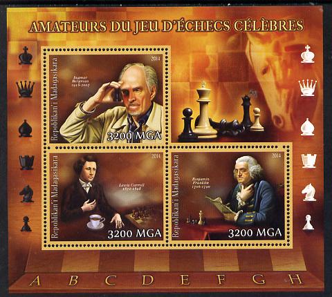 Madagascar 2014 Celebrity Chess Players #1 perf sheetlet containing 3 values unmounted mint , stamps on , stamps on  stamps on personalities, stamps on  stamps on chess, stamps on  stamps on usa presidents, stamps on  stamps on films, stamps on  stamps on literature, stamps on  stamps on cinema