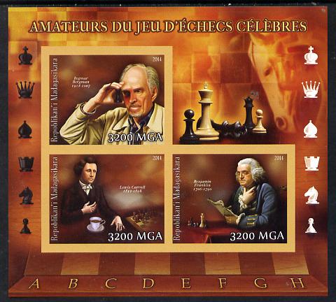 Madagascar 2014 Celebrity Chess Players #1 imperf sheetlet containing 3 values unmounted mint , stamps on personalities, stamps on chess, stamps on usa presidents, stamps on films, stamps on literature, stamps on cinema