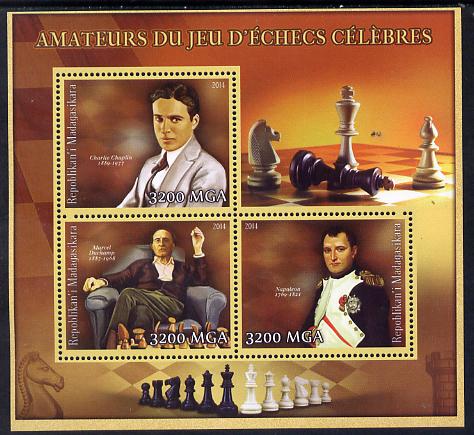 Madagascar 2014 Celebrity Chess Players #4 perf sheetlet containing 3 values unmounted mint , stamps on personalities, stamps on chess, stamps on napoleon, stamps on films, stamps on cinema