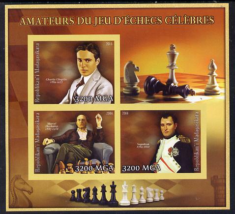 Madagascar 2014 Celebrity Chess Players #4 imperf sheetlet containing 3 values unmounted mint , stamps on personalities, stamps on chess, stamps on napoleon, stamps on films, stamps on cinema