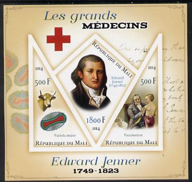 Mali 2014 Great Men of Medicine - Edward Jenner imperf sheetlet containing 3 values - one diamond shaped & two triangular values unmounted mint, stamps on medical, stamps on red cross, stamps on personalities, stamps on shaped, stamps on triangulars, stamps on 