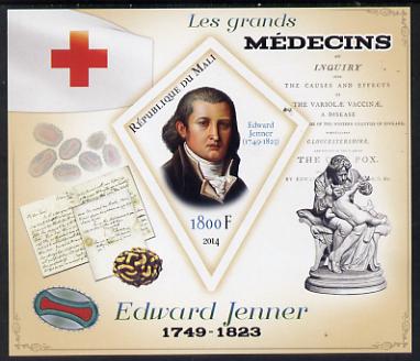 Mali 2014 Great Men of Medicine - Edward Jenner imperf s/sheet containing one diamond shaped value unmounted mint, stamps on medical, stamps on red cross, stamps on personalities, stamps on shaped, stamps on 
