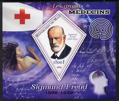 Mali 2014 Great Men of Medicine - Sigmund Freud perf s/sheet containing one diamond shaped value unmounted mint, stamps on , stamps on  stamps on medical, stamps on  stamps on red cross, stamps on  stamps on personalities, stamps on  stamps on shaped, stamps on  stamps on 