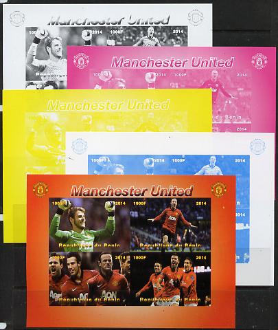 Benin 2014 Manchester United sheetlet containing 4 values - the set of 5 imperf progressive proofs comprising the 4 individual colours plus all 4-colour composite, unmoun..., stamps on football