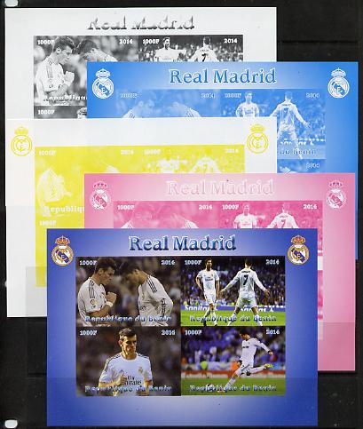 Benin 2014 Real Madrid sheetlet containing 4 values - the set of 5 imperf progressive proofs comprising the 4 individual colours plus all 4-colour composite, unmounted mint , stamps on , stamps on  stamps on football