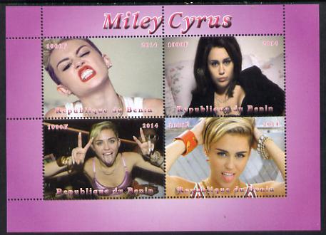 Benin 2014 Miley Cyrus perf sheetlet containing 4 values unmounted mint. Note this item is privately produced and is offered purely on its thematic appeal, stamps on , stamps on  stamps on personalities, stamps on  stamps on films, stamps on  stamps on music, stamps on  stamps on cinema