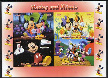 Benin 2014 Mickey & Minnie imperf sheetlet containing 4 values unmounted mint. Note this item is privately produced and is offered purely on its thematic appeal, stamps on , stamps on  stamps on disney, stamps on  stamps on films, stamps on  stamps on cinema, stamps on  stamps on movies, stamps on  stamps on cartoons