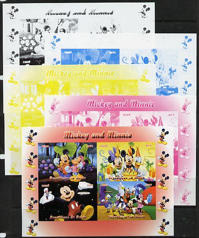 Benin 2014 Mickey & Minnie sheetlet containing 4 values - the set of 5 imperf progressive proofs comprising the 4 individual colours plus all 4-colour composite, unmounted mint , stamps on disney, stamps on films, stamps on cinema, stamps on movies, stamps on cartoons