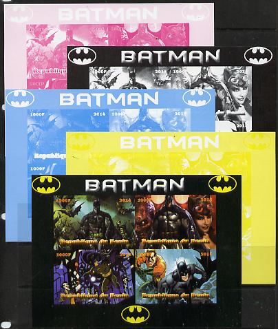 Benin 2014 Batman (Comic Strip) sheetlet containing 4 values - the set of 5 imperf progressive proofs comprising the 4 individual colours plus all 4-colour composite, unmounted mint , stamps on films, stamps on cinema, stamps on movies, stamps on batman, stamps on fantasy