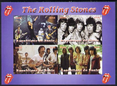 Benin 2014 The Rolling Stones imperf sheetlet containing 4 values unmounted mint. Note this item is privately produced and is offered purely on its thematic appeal, stamps on , stamps on  stamps on music, stamps on  stamps on rock, stamps on  stamps on stones, stamps on  stamps on pops, stamps on  stamps on 