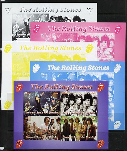 Benin 2014 The Rolling Stones sheetlet containing 4 values - the set of 5 imperf progressive proofs comprising the 4 individual colours plus all 4-colour composite, unmou..., stamps on music, stamps on rock, stamps on stones, stamps on pops, stamps on 